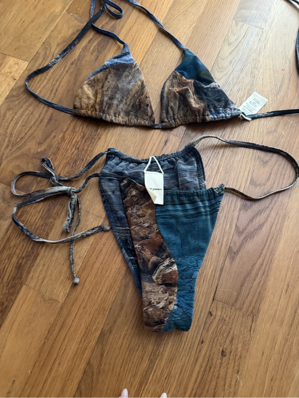 Tie-String Triangle Bikini Set in Teal and Brown — casa gamero sold out